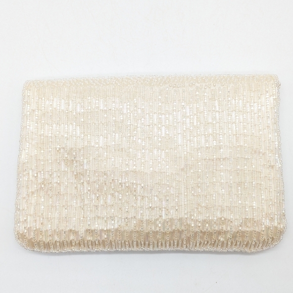Vintage off white fully beaded snap close small clutch handbag - Picture 4 of 9